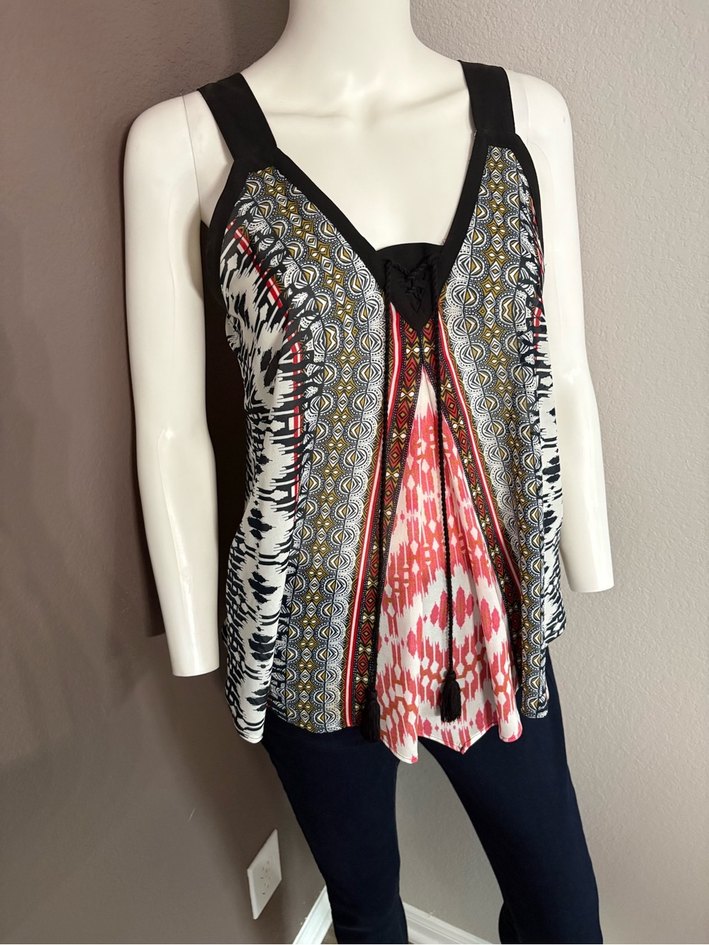 FYLO Multicolor Printed V-Neck Tank Top with Tassel Detail